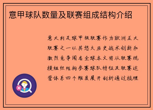 意甲球队数量及联赛组成结构介绍